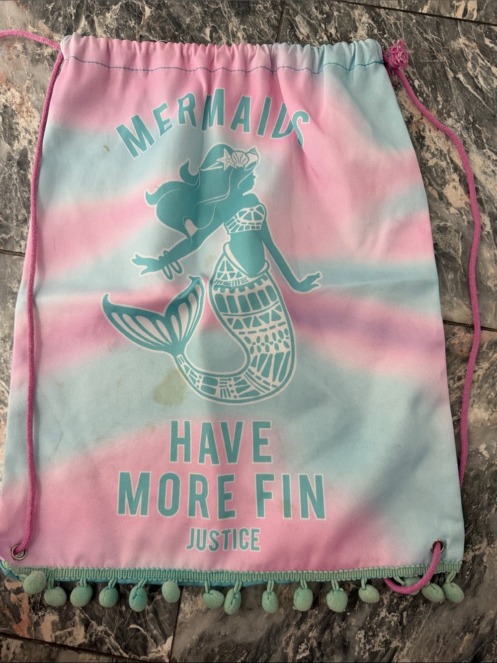 Justice Pink & Aqua Mermaids Drawstring Pom-Pom Bag